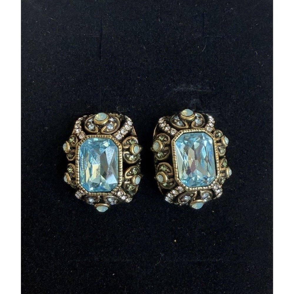 Heidi Daus Crystal Earrings Pierced Aqua Blue Bronze Tone